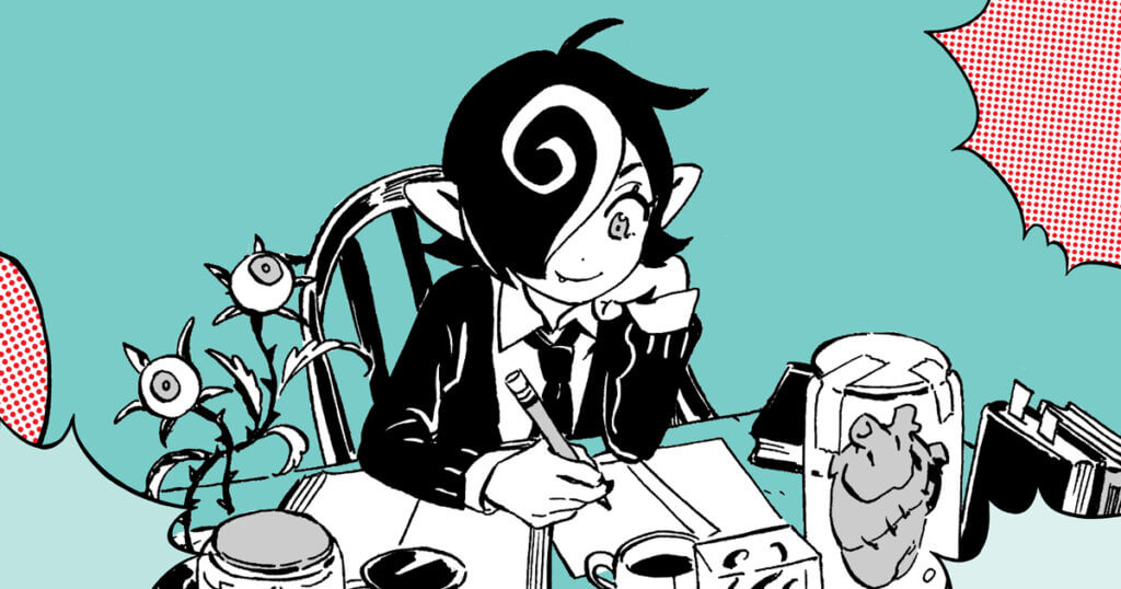 VIZ Originals blog header featuring Kazu from Devil's Candy at a table against a teal background