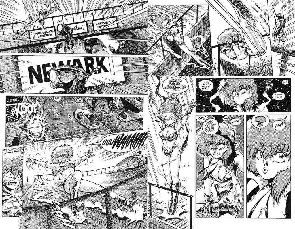 Two pages showing an action scene from A Plague of Angels