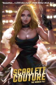 A White woman with blond hair and in a black spaghetti strap dress holds a gun in her right hand and stares at the reader