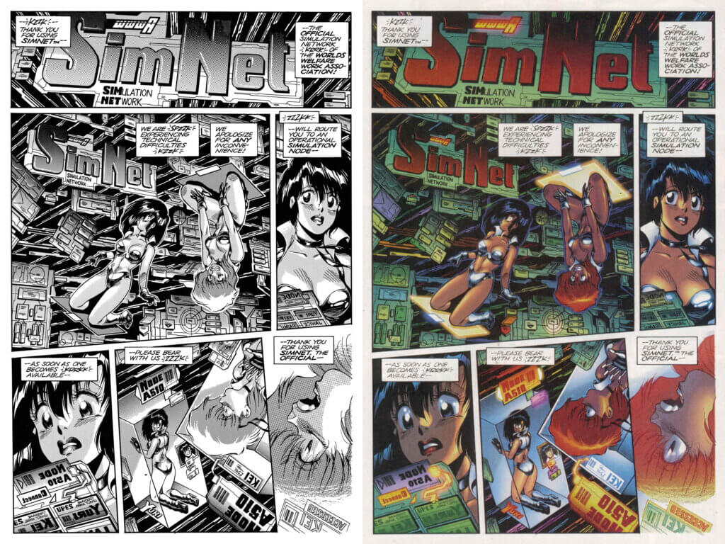 Black & white and color versions of the same comic page