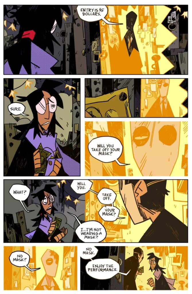 Excerpt from Marie Enger and Nadia Shammas' graphic novel Where Black Stars Rise. A characer has a covnersation with a strange, masked ticket-collector. The collector orders them to remove their mask, even though they're not wearing a mask.