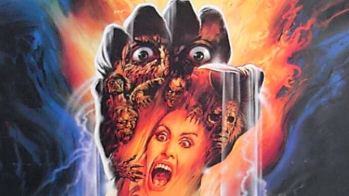 Detail from the poster to the film Zombi 3. A zombie's fist bursts from the ground, with images of zombie faces and a woman screaming superimposed on top.
