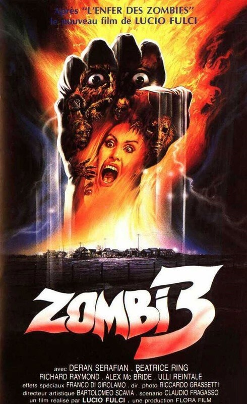 The poster to the film Zombi 3. A zombie's fist bursts from the ground, with images of zombie faces and a woman screaming superimposed on top.
