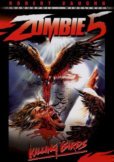 DVD cover of Zombie 5: Killing Birds, showing a man being attacked by burds.