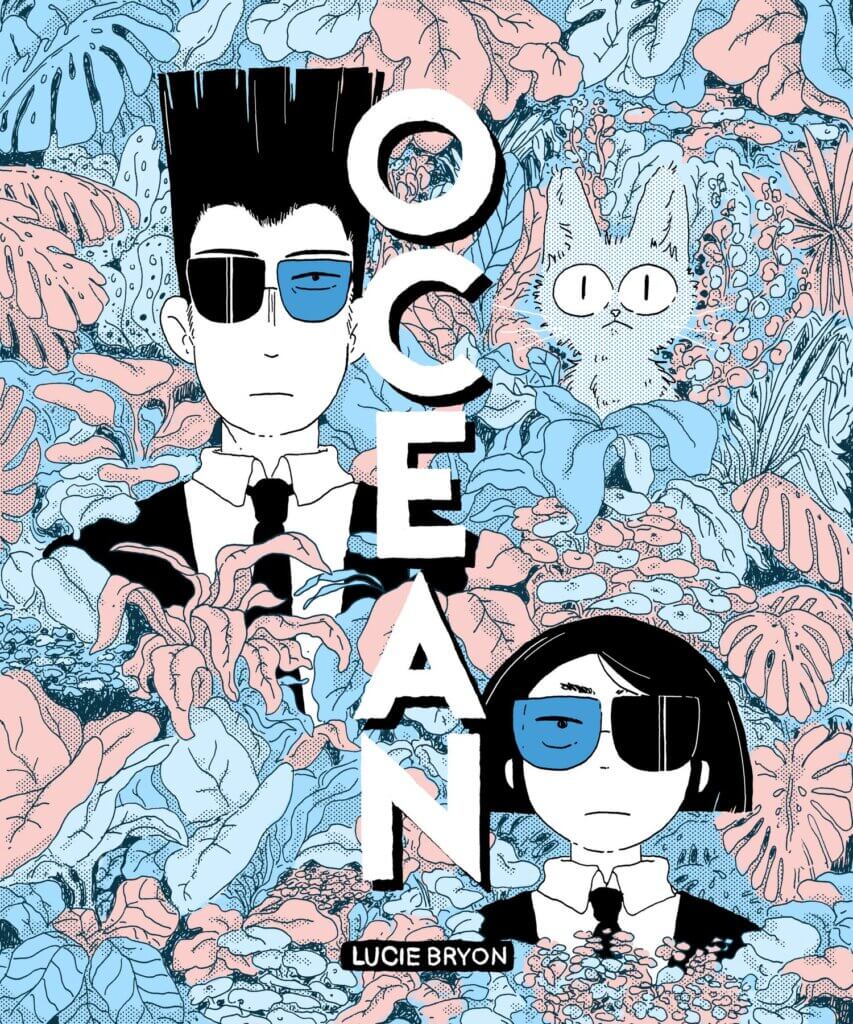 The cover for Ocean shows two people wearing matching sunglasses in front of a background of leaves and animals 