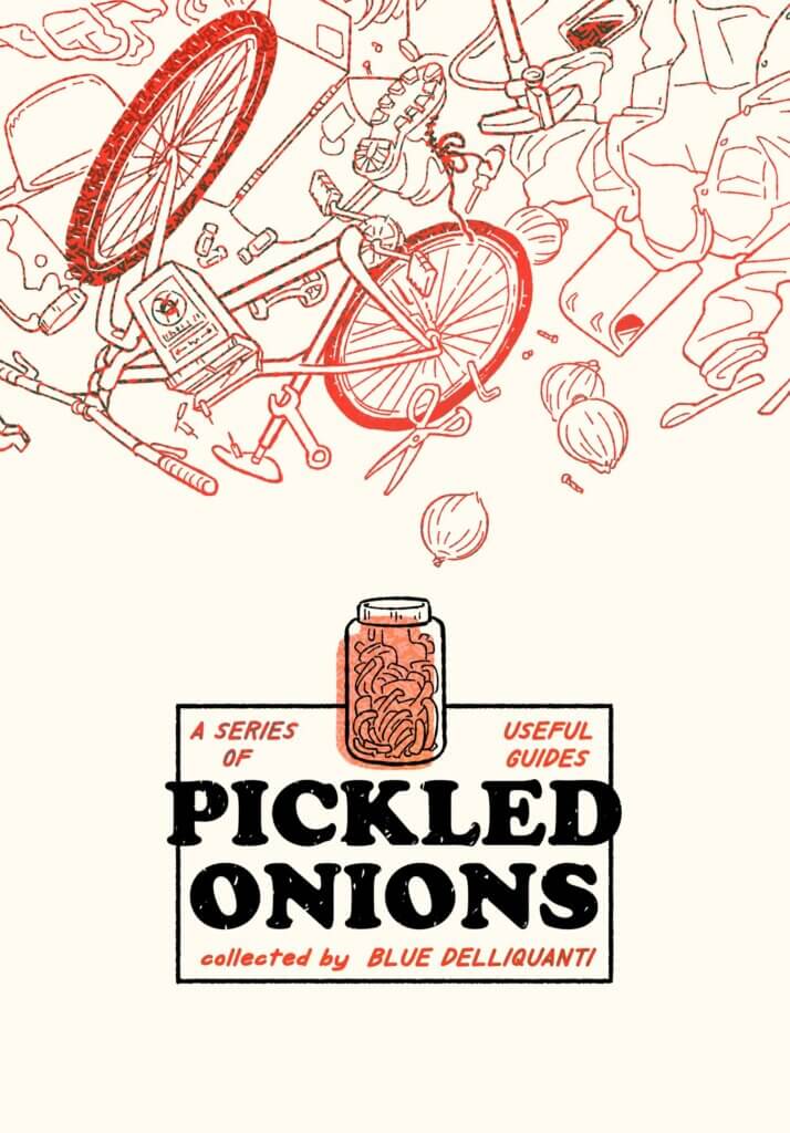 An illustration shows bikes, pickles, and onions falling towards a jar which sits above the title Pickled Onions
