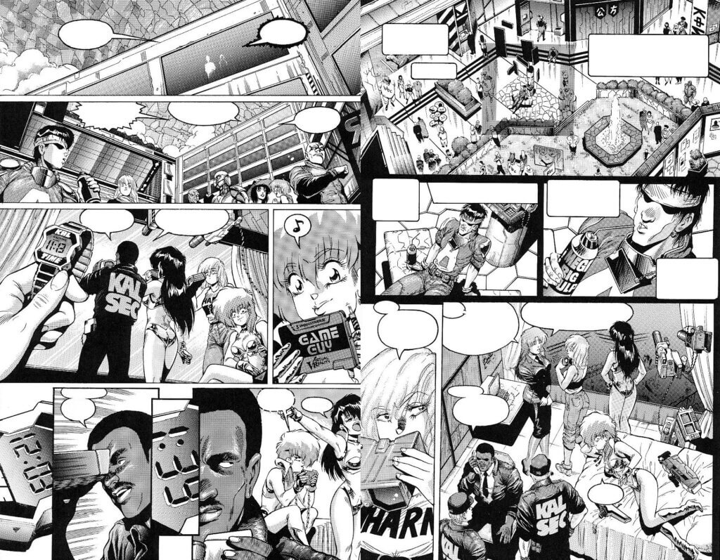 Two comic pages showing the interior of an O'Neill cylinder