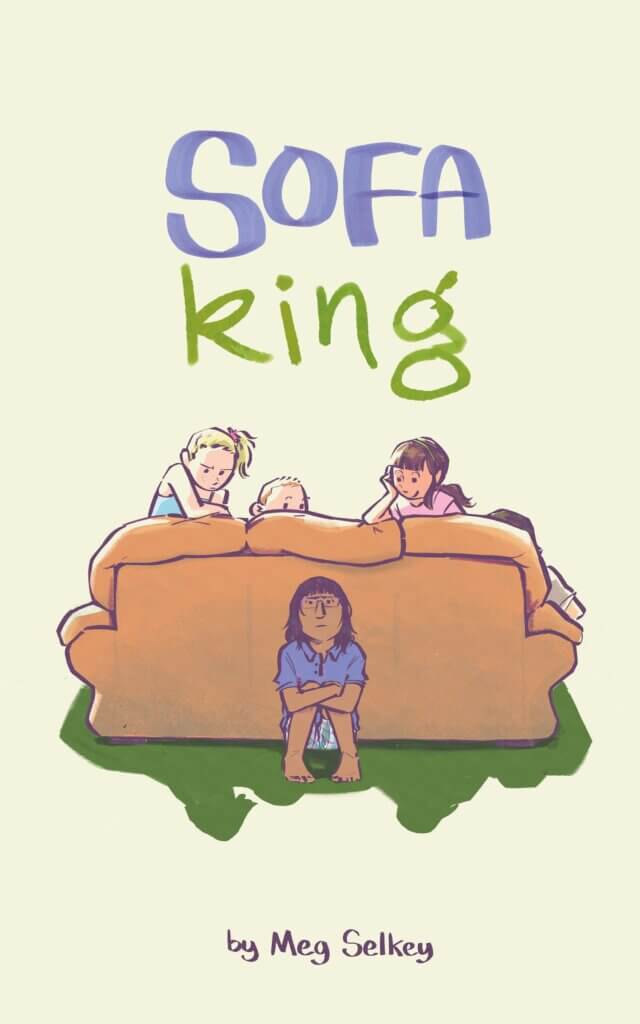 The cover shows the title Sofa King and then a child hiding behind a sofa