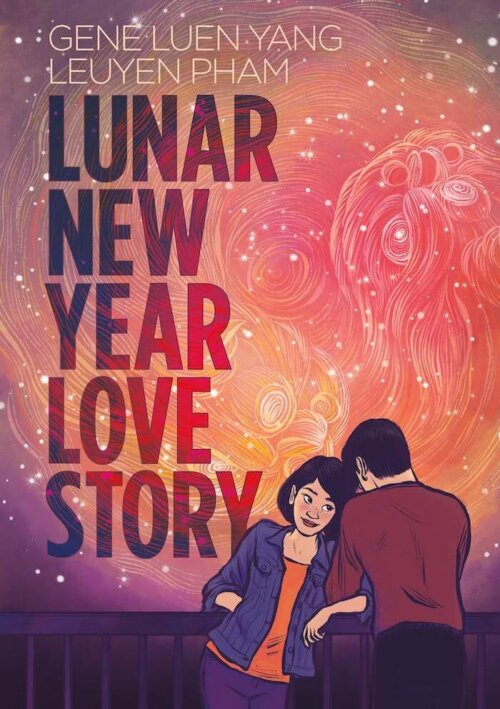 The cover of Lunar New Year Love story, showing two figures, one facing the viewer and one turned away, with their arms linked.