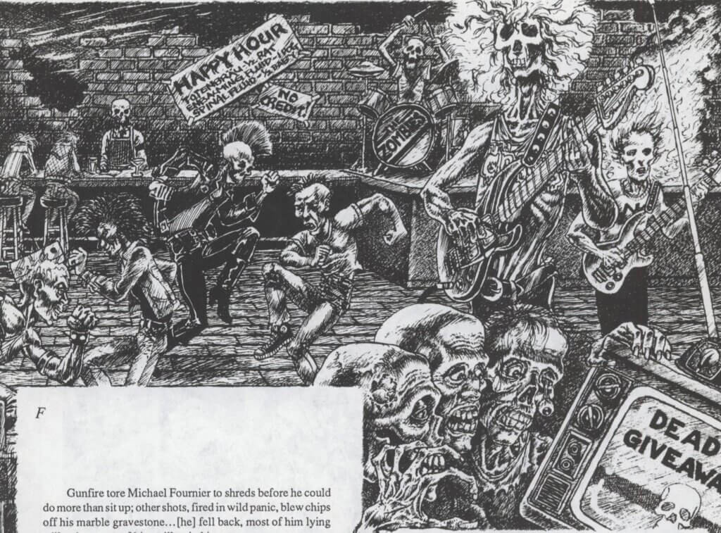 Illustration by Marcus Allen Nickerson accompanying an excerpt from Brian Hodge's story "Dead Giveaway" Shows a cartoonish scene of a bar where zombies dance, play musical instruments, and watch television.