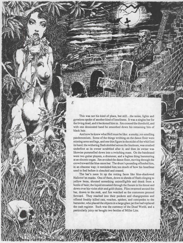 Illustration by Marcus Allen Nickerson accompanying an excerpt from Robert R. McCammon's story "Eat Me". The scene shows a naked woman putting flowers to her lips, a man holding a chainsaw, and a zombie wearing Mickey Mouse ears.