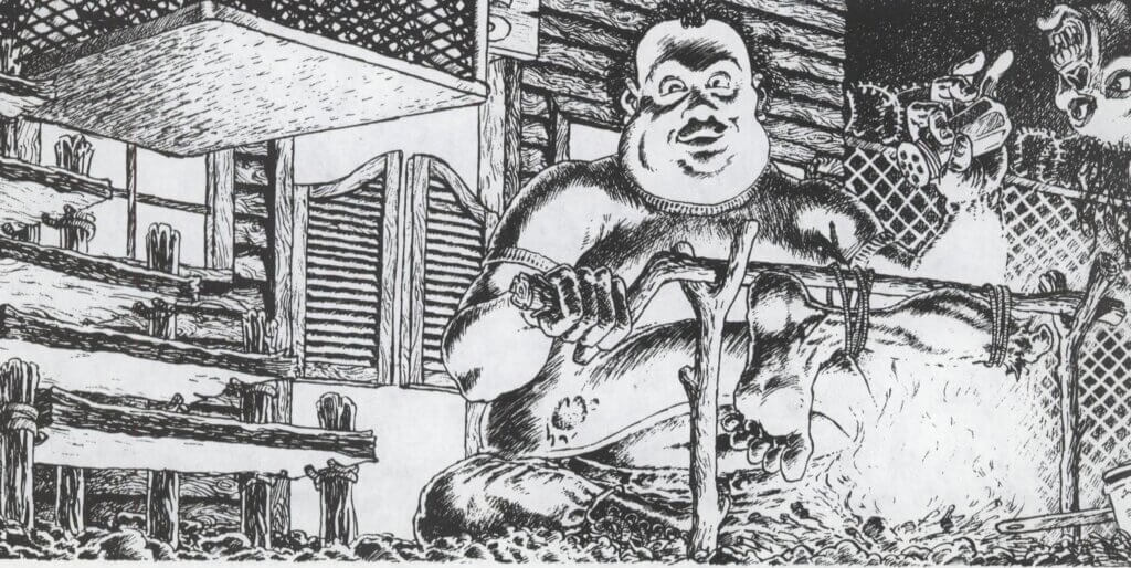 Illustration by Marcus Allen Nickerson accompanying an excerpt from Steven R. Boyett's "Like Pavlov's Dogs.". Image shows a rotund man roasting a human leg over a fire.