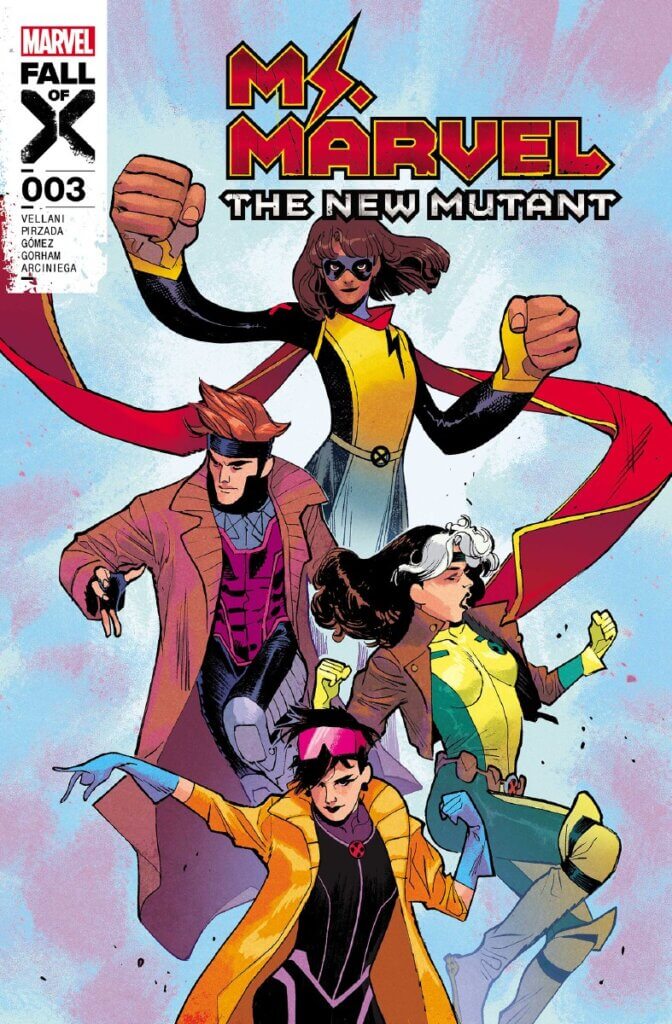 Ms. Marvel The New Mutant 3 cover by Sara Pichelli and Matthew Wilson depicting Kamala Khan, Gambit, Rogue, and Jubilee