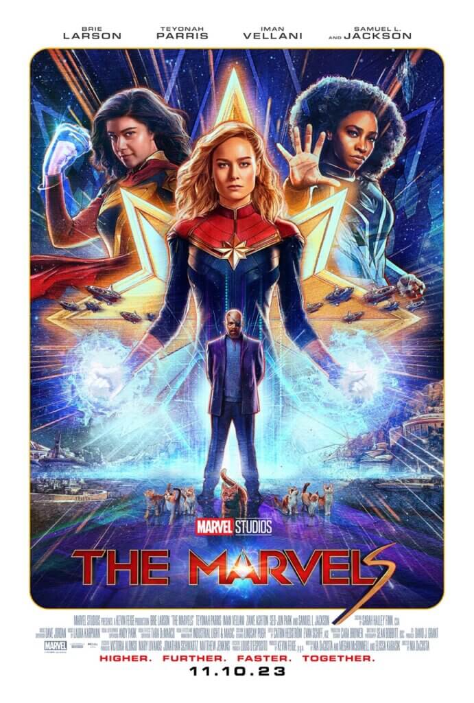 (L-R): Iman Vellani as Ms. Marvel/Kamala Khan, Brie Larson as Captain Marvel/Carol Danvers, and Teyonah Parris as Captain Monica Rambeau in Marvel Studios' THE MARVELS. Photo by Laura Radford. © 2023 MARVEL.
