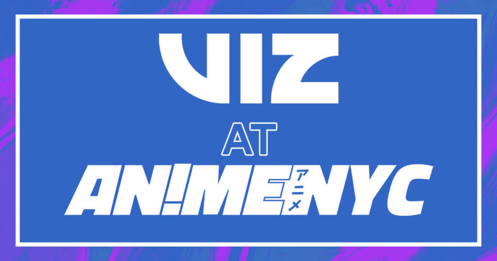 graphic reading VIZ at ANIMENYC, white text on blue background