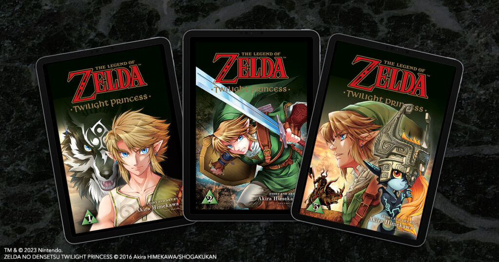 Image depicting three zelda twilight princess manga volumes on a black background