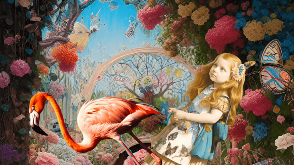 Warren's collage in progress shows Alice and a flamingo, at odd angles, vividly colored against a background of blue sky and flowers