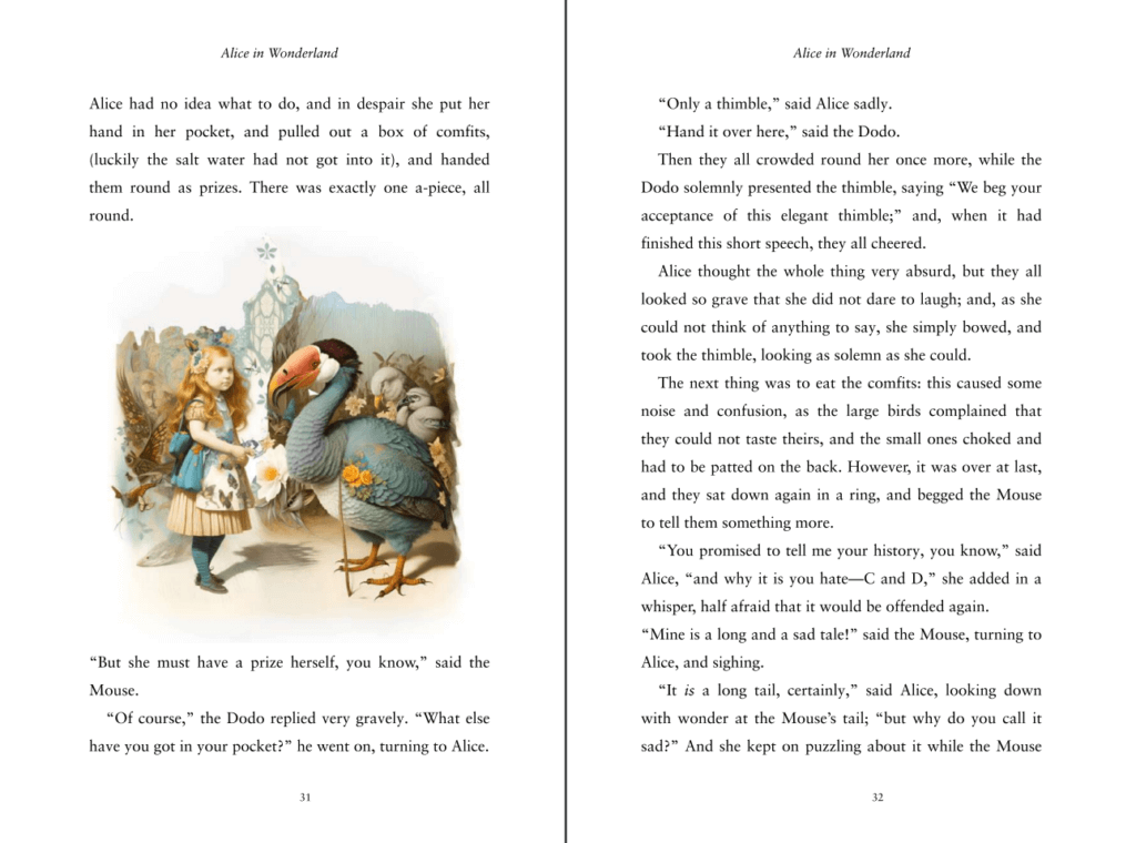 A page spread from Julia Warren's edition of Alice- a color illustration of Alice talking to the Dodo is embedded in regularly formatted text