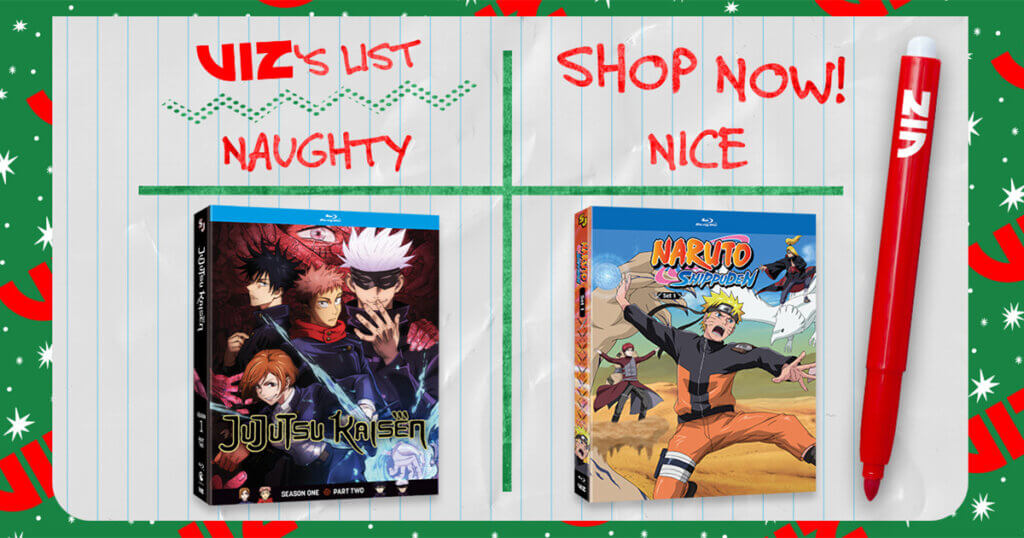 Image from VIZ Media blog depicting a Jujutsu Kaisen Blu-Ray on the Naughty list and a Naruto Blu-Ray on the nice list.