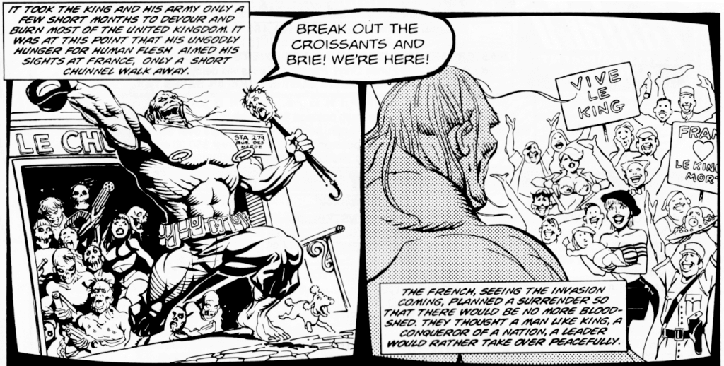 Panels from King of the Dead #4. The King of the Dead, a hulking zombie, invades France, prompting the stereotypical locals to surrender.