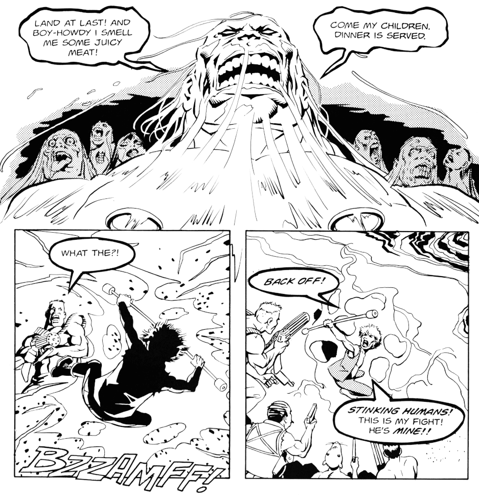 Panels from King of the Dead #4. Boy-hero Scab takes a stand against the hulking King of the Dead.