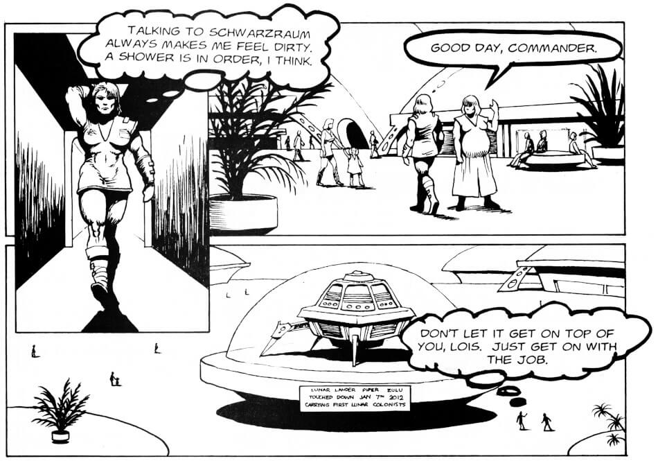 Panels from Legends of the Living Dead. Various characters walk around a lunar colony.