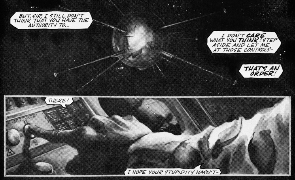 Panels from Night of the Living Dead: Prelude A probe floats in space while NASA scientists argue below.