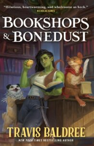 Viv the Orc has a book and a snack as she leans against a counter with some pals o nthe cover of bookshops and bonedust by Travis Baldree