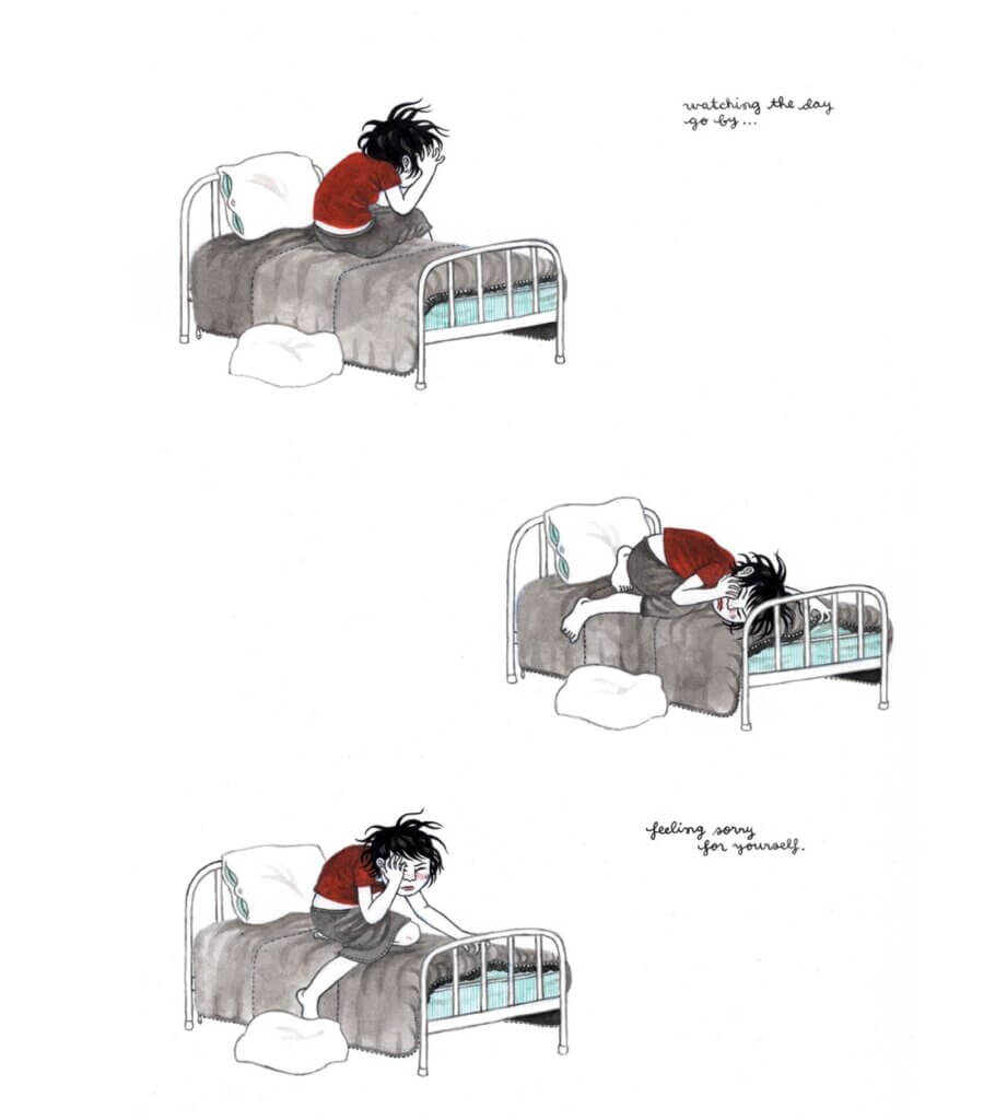 A page from Geneviève Castrée: Complete Works 1981-2016, of a woman in bed