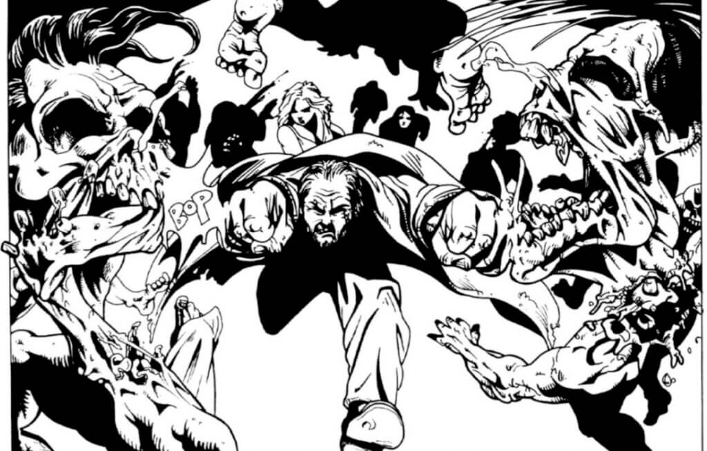 Panel from FantaCo's Night of the Living Dead #1 Shows an action hero punching zombies.