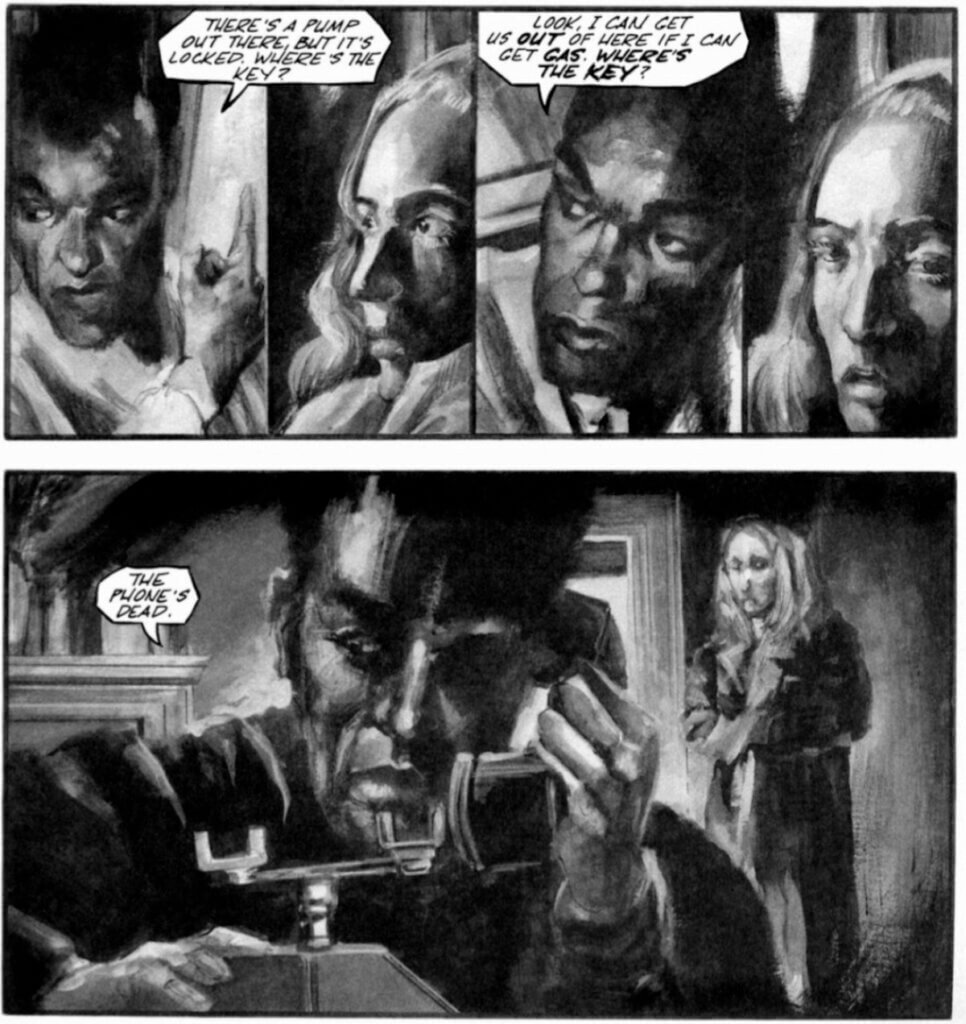 Panels from FantaCo's Night of the Living Dead #1 Ben tries to use the telephone.