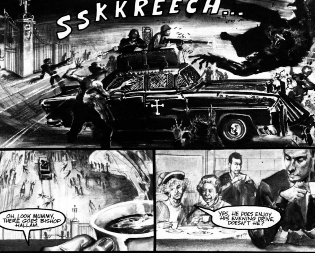 Panel from FantaCo's Night of the Living Dead: London #1 Bishop Hallam's car runs down zombies while the royal family watches on.