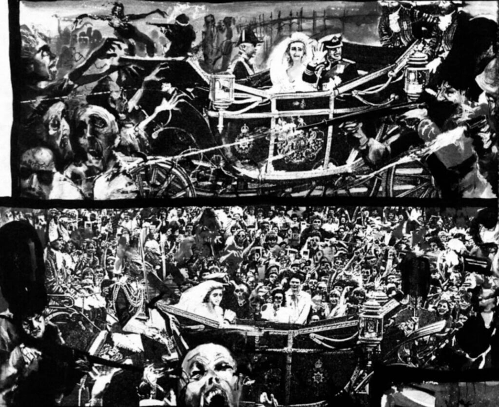 Panel from FantaCo's Night of the Living Dead: London #1. The newlywed prince and pincess drive by in a carriage, surrounded by zombies.