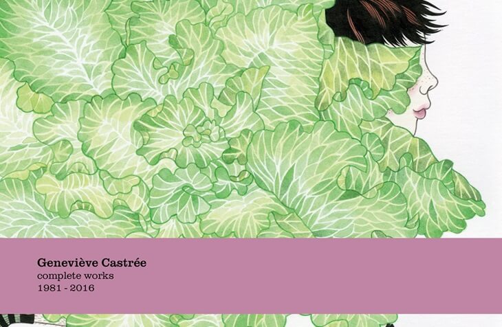 A crop of the cover of Geneviève Castrée: Complete Works 1981-2016, featuring a woman peaking out of a lush green cabbage plant.
