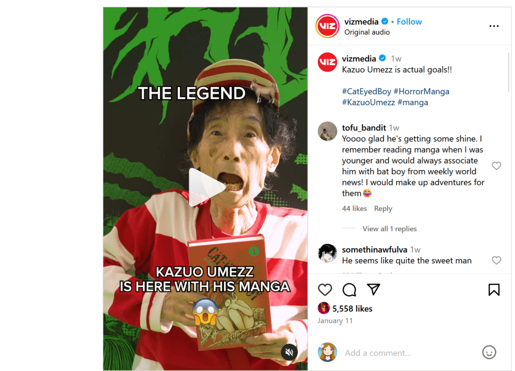 screenshot of vizmedia instagram page showing kazuo umezz holding cat-eyed boy