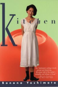 The cover of Kitchen by Banana Yoshimoto has a young woman in a white dress standing against a brightly colored backdrop