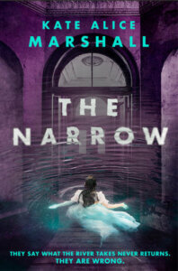 The cover of The Narrow by Kate Alice Marshall shows a long haired person partially submerged in water, looking away, possibly indoors, I don't know, it's definitely horror