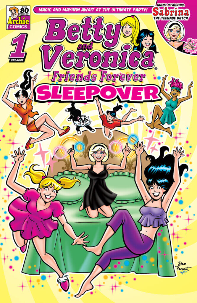 Betty Cooper, Veronica Lodge, Sabrina Spellman and a bunch of their friends levitate over a grreen bed thanks to Sabrina's magic. Also floating are Sebastian, Ethel Muggs, Alexandra Cabot.
