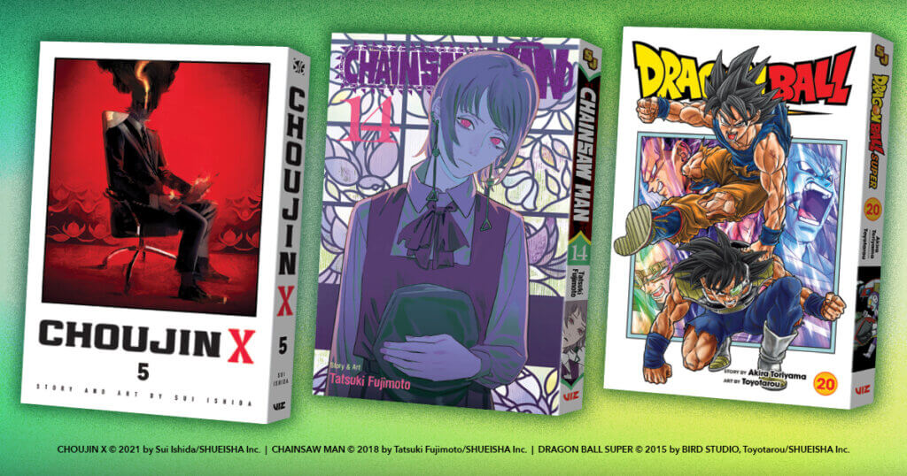 graphic depicting book versions of chainsaw man 14, dragon ball super volume 20, and choujin x volume 5