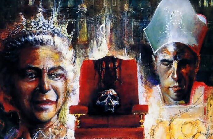 Detail from the cover of FantaCo's Night of the Living Dead: London. Shows a moody scene with two of the main characters: the Queen and the Archbishop, an empty throne between them.