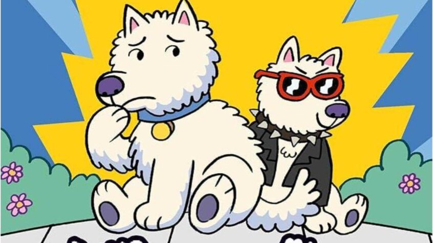 A crop of the Mayor Good Boy Turns Bad cover shows an illustration of two white dogs one wearing a leather jacket and sunglasses!