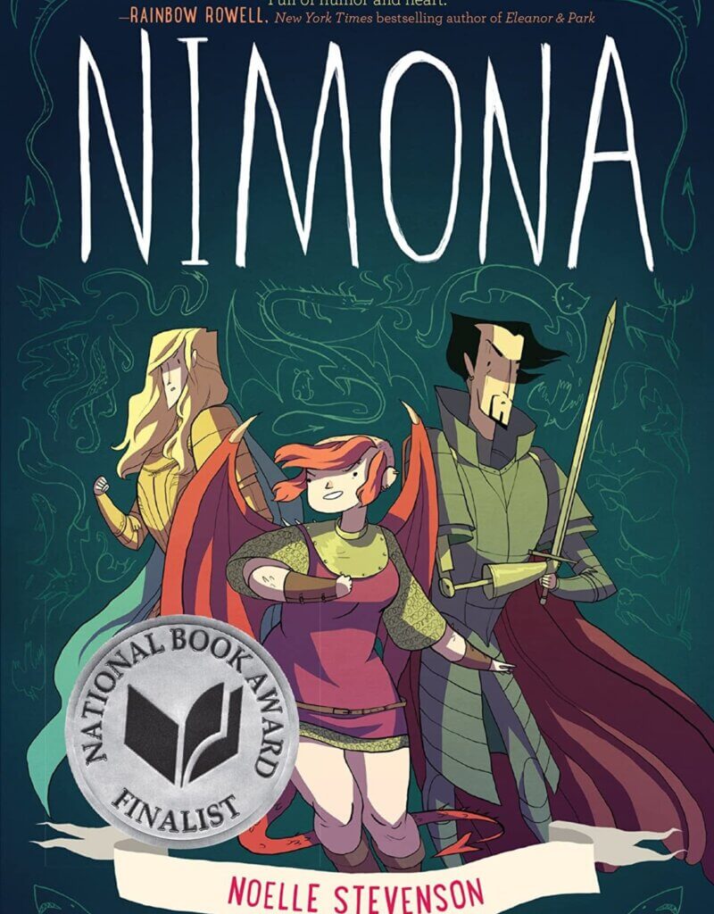 The cover for Nimona shows a young girl in a short purple dress with wings next to a man with a sword and a figure with long blonde hair.