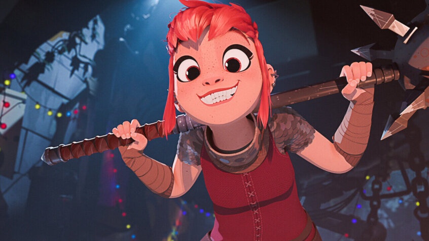 An image from the Netflix animated movie Nimona shows the titular character a young girl with orange hair, wearing a red dress, holding a sword behind her head.
