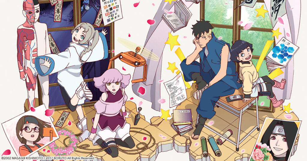 promotional image depicting the cast of Boruto's Kawaki Ninja Academy Arc sitting on a crumbling tile floor.