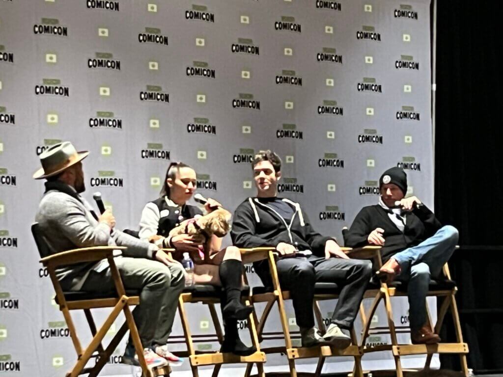 Cast of Strange News Worlds panel with Christina Chong, and Runa, her dog, Ethan Peck and Anson Mount at Toronto Comicon 2024
