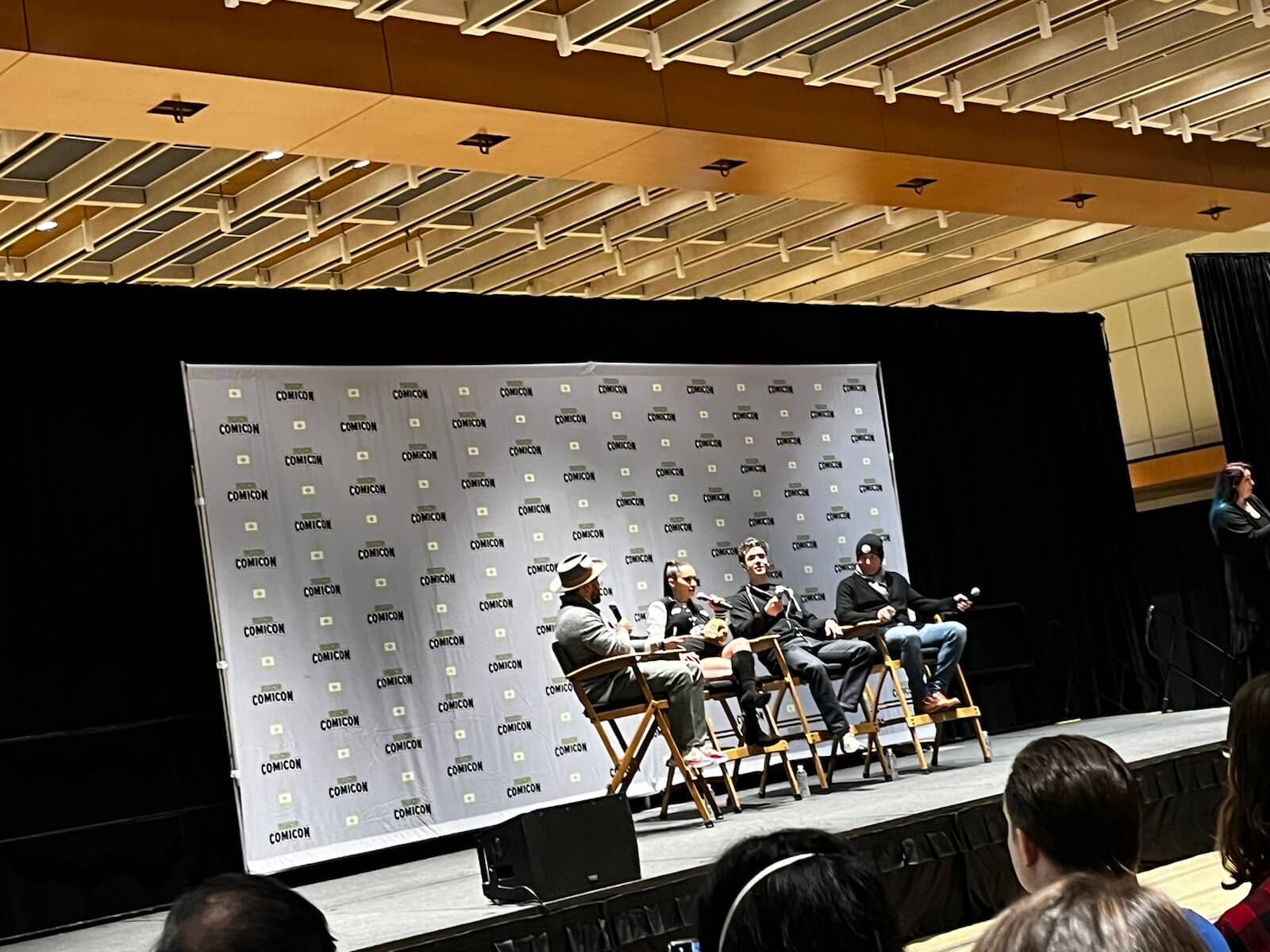 Cast of Strange News Worlds panel with Christina Chong, Ethan Peck and Anson Mount at Toronto Comicon 2024