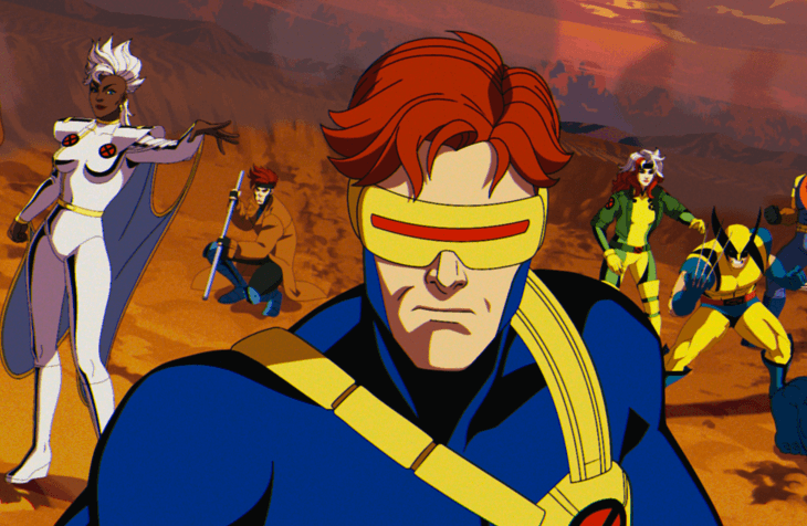 (L-R): Morph (voiced by JP Karliak), Storm (voiced by Alison Sealy-Smith), Gambit (voiced by AJ LoCascio), Cyclops (voiced by Ray Chase), Rogue (voiced by Lenore Zann), Wolverine (voiced by Cal Dodd), Bishop (voiced by Isaac Robinson-Smith), Beast (voiced by George Buza) in Marvel Animation's X-MEN '97. Photo courtesy of Marvel Animation. © 2024 MARVEL.