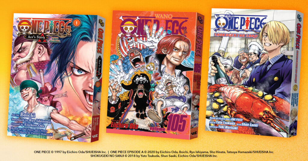 graphic from VIZ Media depicting covers of One Piece, One Piece: Ace's Story, and One Piece: Shokugeki no Sanji all lined up in a row against a yellow background