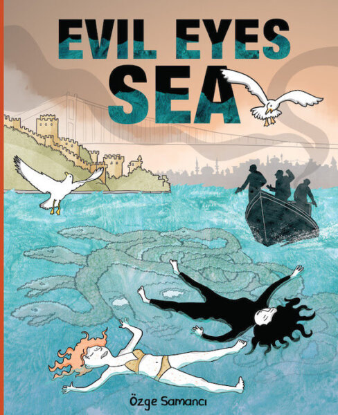 The cover of Evil Eyes Sea, showing two figures floating in water atop an image of Medusa.
