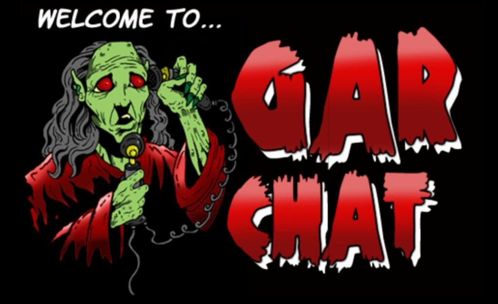 Image from georgearomero.com. A Cryptkeeper-like character uses an old-fashioned telephone, with caption "Welcome to GAR Chat".